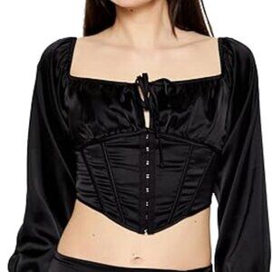 Y2K Gothic Peasant Satin Corset Crop Top | Sexy Trendy Square Neck Long Sleeve